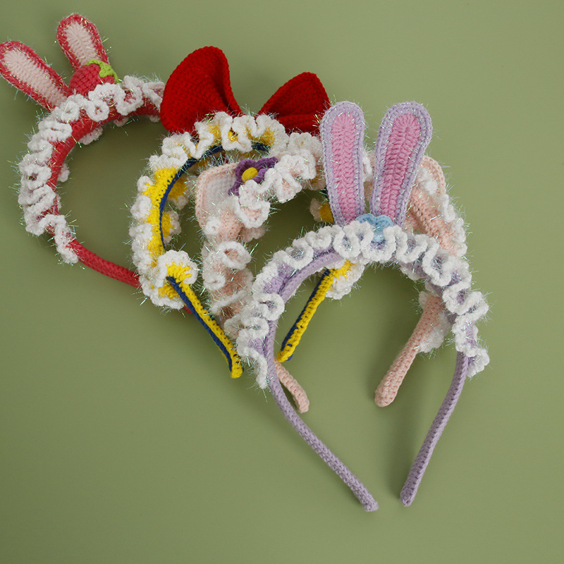 手工编织甜美发饰 织女玻璃纱毛线钩织发箍 可爱草莓兔耳朵头箍