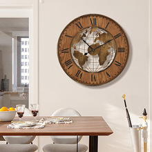 批发美式创意世界地图静音挂钟客厅钟表时钟仿古木纹复古挂表壁钟