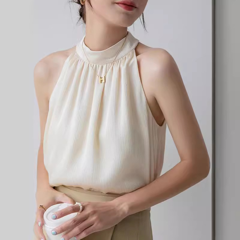 挂脖无袖背心女夏季法式气质修身性感温柔短款露肩吊带上衣-阿里巴巴