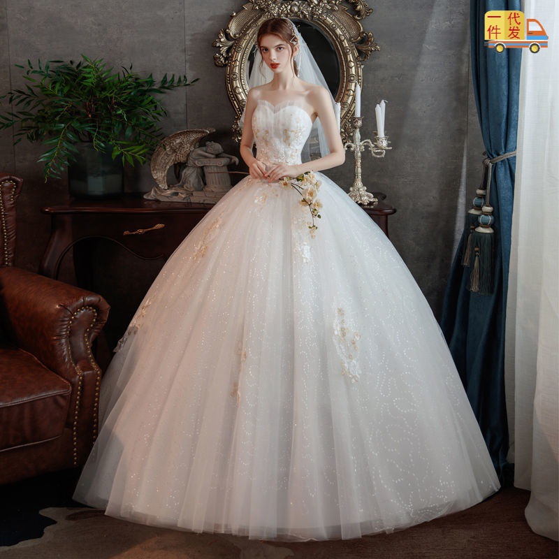 主婚纱2022新款一字肩公主梦幻新娘礼服结婚超仙星空抹胸跨境