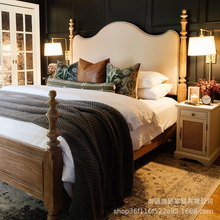 法式白橡木实木床美式1.5米复古高脚储物床主卧1.8真皮靠背双人床