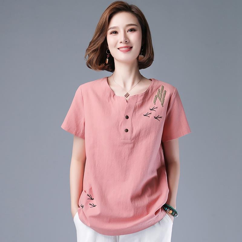 Cotton Art Style Short Sleeve T-shirt Women's Loose 2023 Summer New Embroidered plus Size Middle-Aged Mother's Cotton and Linen Top