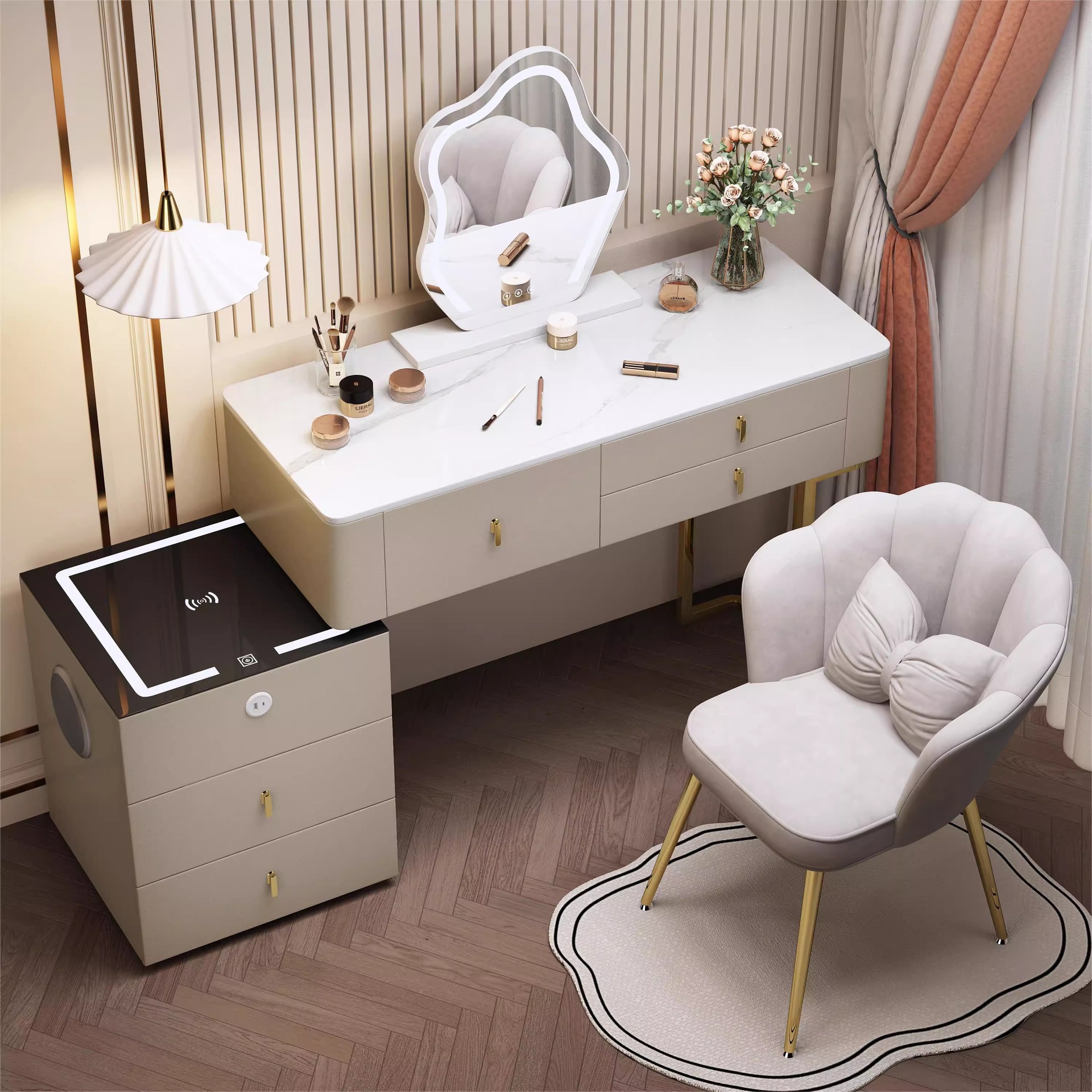 高级伸缩多功能小户型化妆桌卧室现代简约轻奢岩板实木智能梳妆台