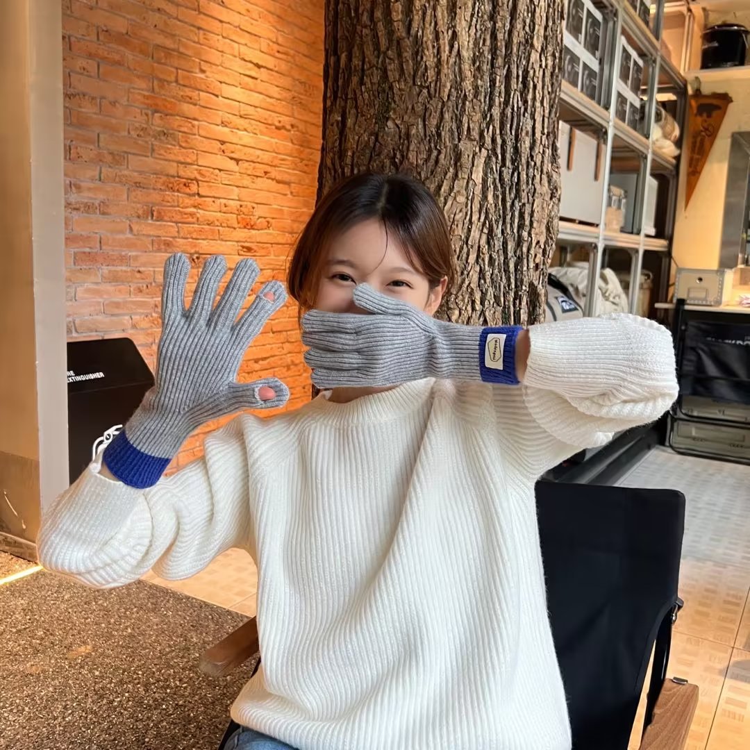 South Korea Ins Bloggers Same Style Knitted Five-Finger Gloves Autumn and Winter Wool Outdoor Cold-Proof Warm Contrast Color Touch Screen Gloves