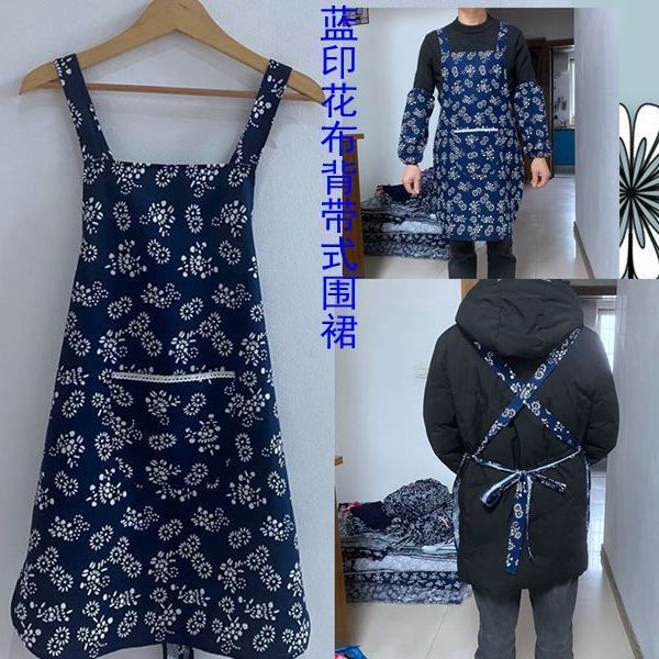 q&t纯棉蓝花布背带围裙农家乐酒店服务员民族风围兜成人家务围裙