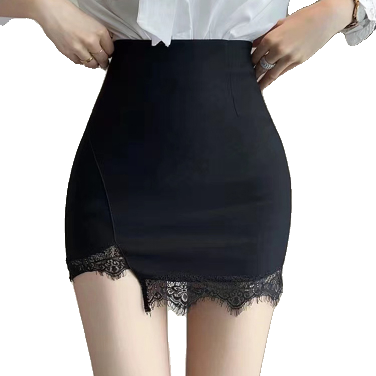 黑色纯欲风高腰半身裙女春夏新款蕾丝拼接包臀裙紧身弹力一步裙潮