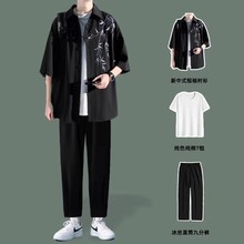 痞帅短袖衬衫男2024新款夏季高级感外套新中式男装中国风休闲套装