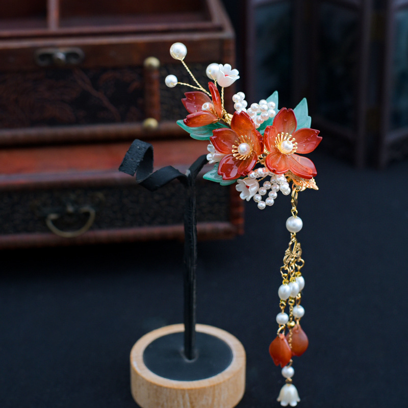 汉服红色夹子头饰古风发夹全套配饰仙气边夹发饰流苏对夹饰品