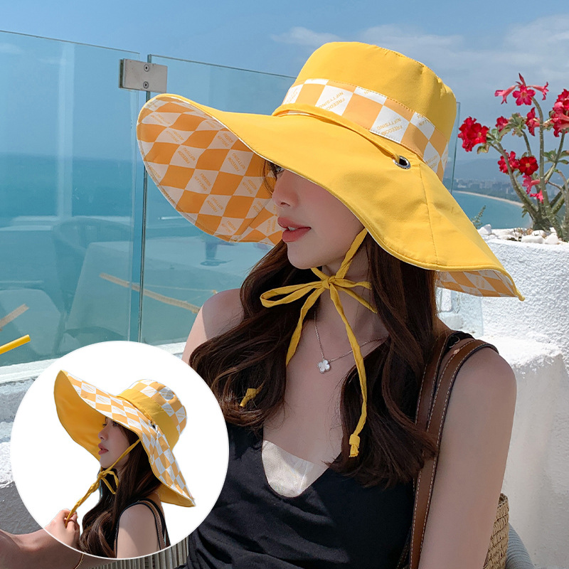 2023 Korean Style Summer Hat Women's Fashion All-Match Checkered Double-Sided Big Brim Fisherman Hat Travel Sun Protection Sun Hat