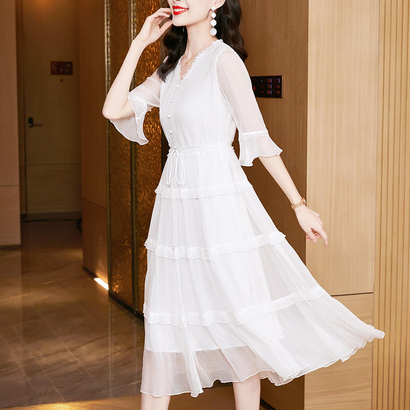 真丝素色顺纡连衣裙女2022夏季新款大码桑蚕丝中长五分袖素色裙子