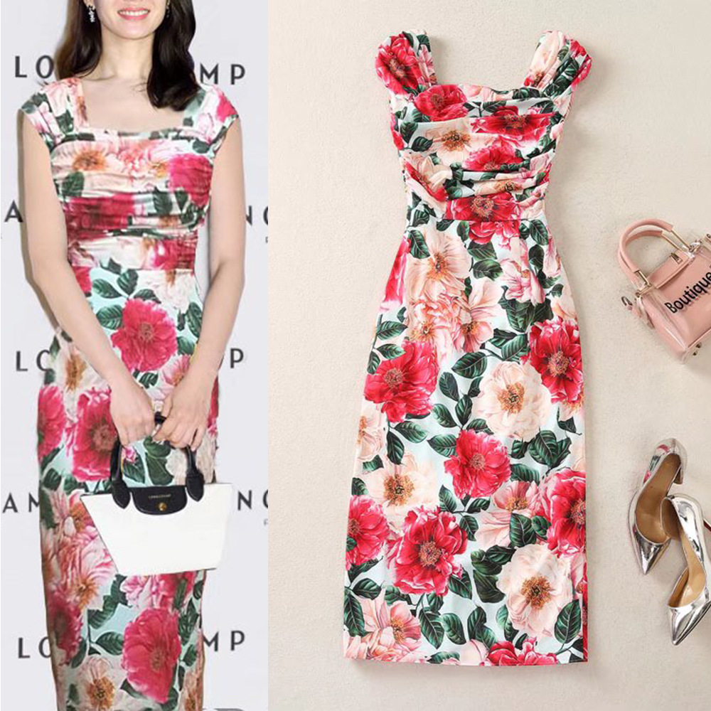 欧洲站2022春夏季时尚女装新品 花朵印花抽褶修身包臀