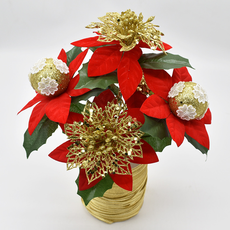 亚马逊热卖干花仿真花假花挂饰5头一品红人造花家居摆件圣诞花