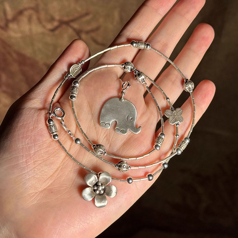 东南亚手作中古泰国象图文项链女高级感轻奢小众鸡蛋花锁骨链配饰