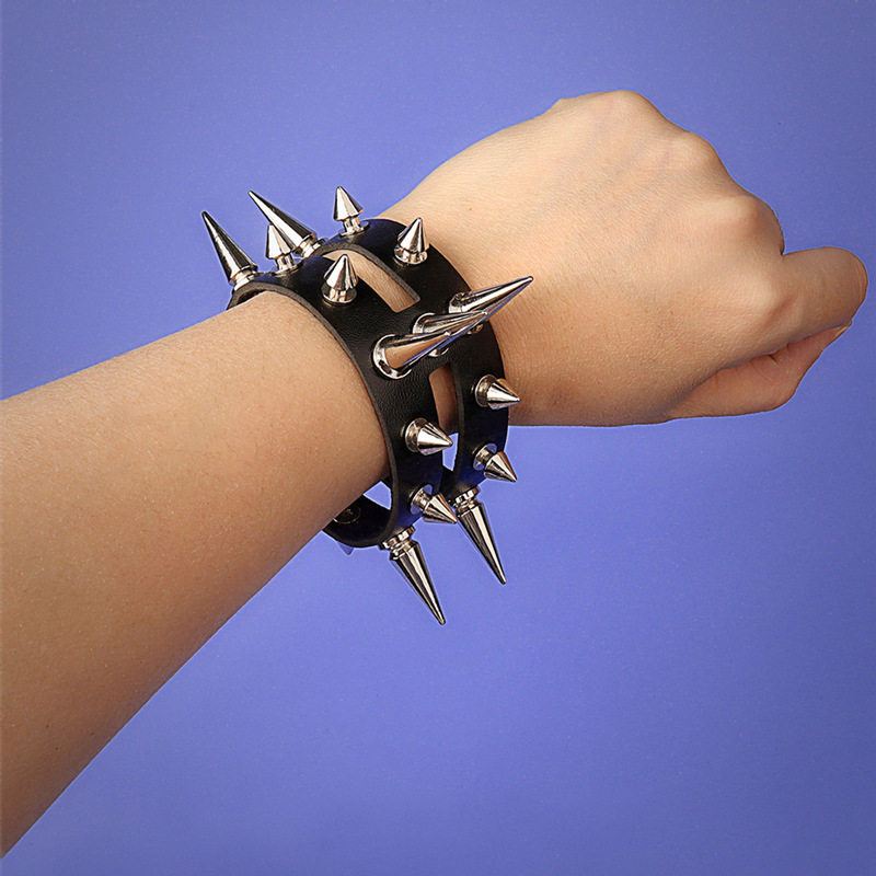 European and American Punk Gothic Double Row Hollow Pointed Rivet Personality Leather Bracelet Trendy Cool Leather Brace Lace Bracelet