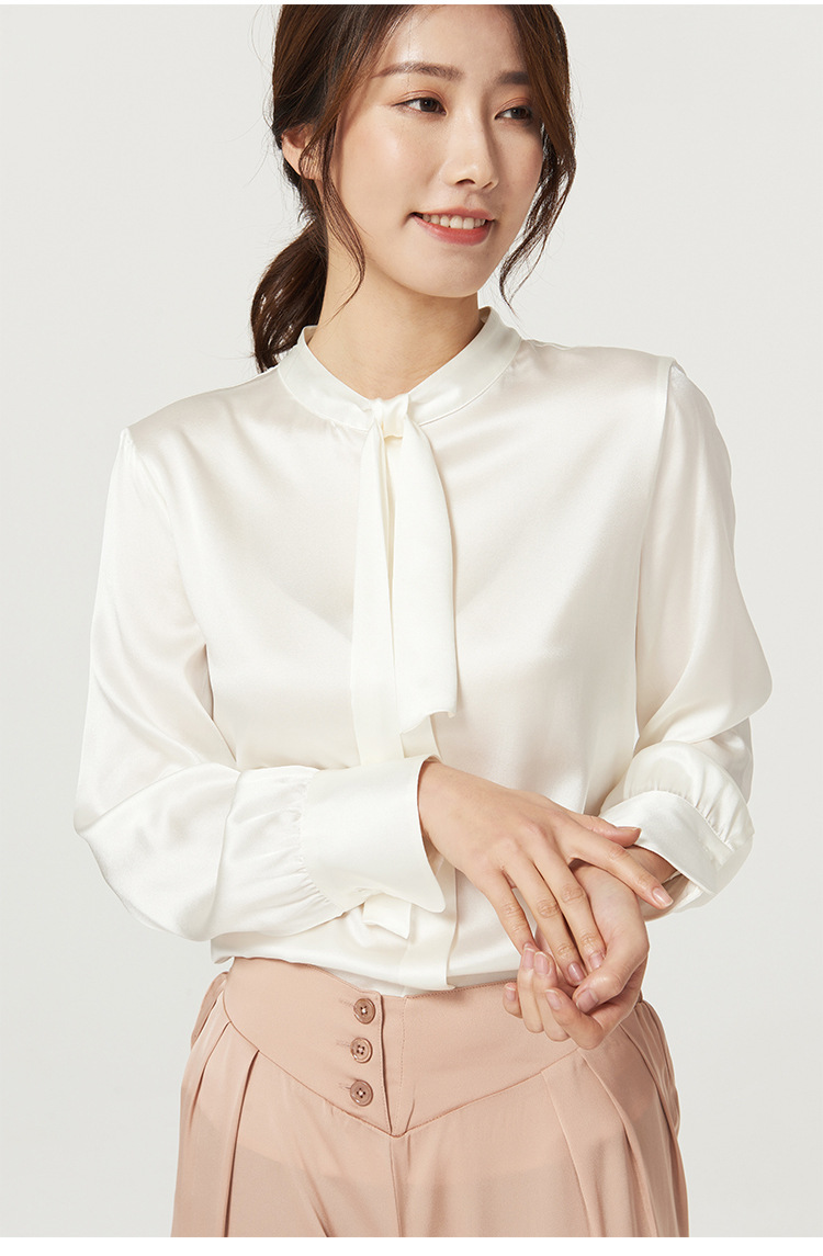 真丝衬衫女长袖桑蚕丝2021春季新款衬衣大码通勤缎面立领上衣飘带