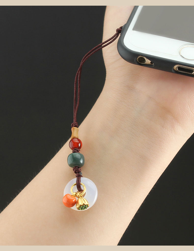 中国风玉髓平安扣手机挂绳沙金黄铜景泰蓝莲蓬手机链u盘包包挂饰