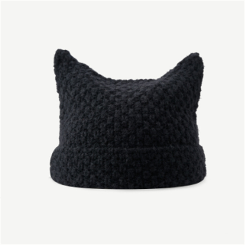 Autumn and Winter New Warm Woolen Cap Women's Cute Cat Ears Korean Fashion Striped Knitted Hat Internet Celebrity Sleeve Cap