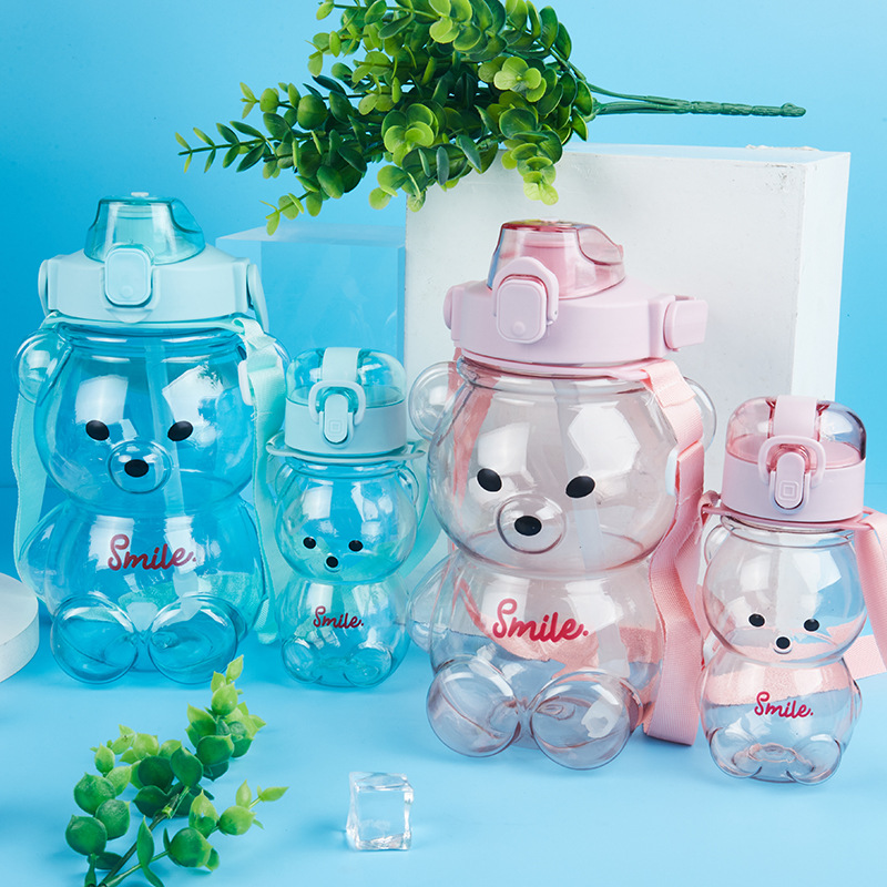 Transparent Cup Set Bear Big Belly Cup Export Girls Good-looking Summer Cute Water Bottle Straw Anti-Fall Cup