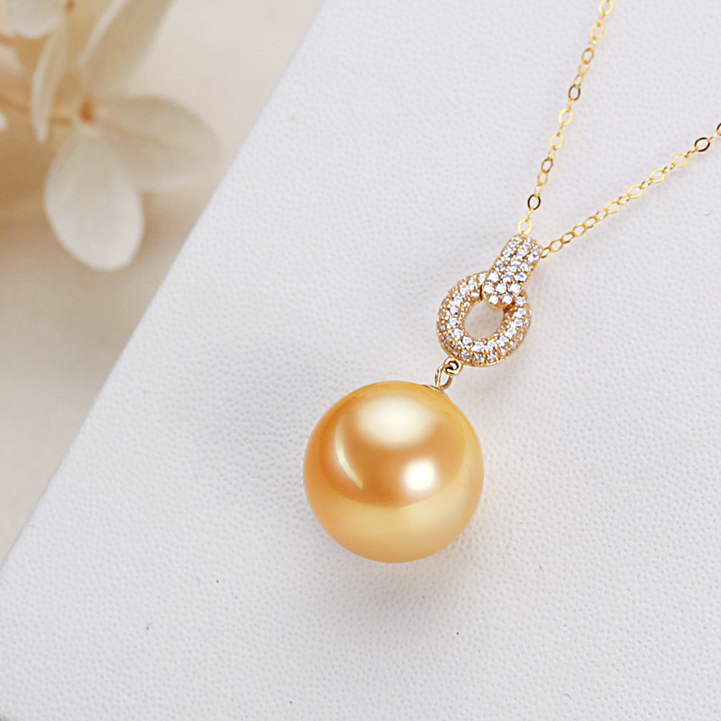 18k金款南洋金珠吊坠项链单颗正圆金色微瑕南阳海水珍珠锁骨链女