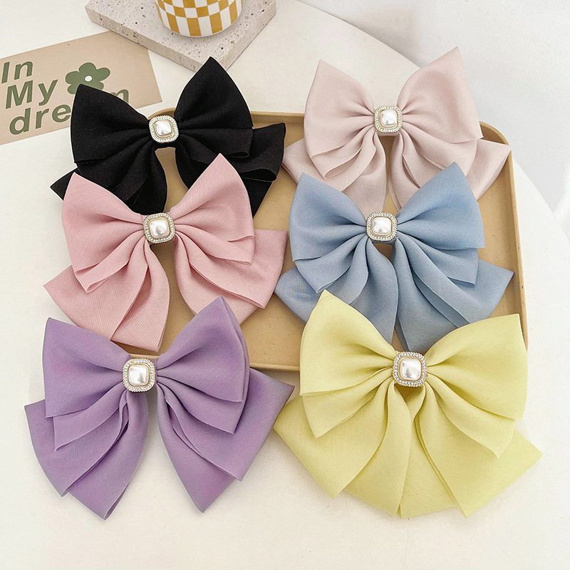 Temperament Wild Satin Fabric Big Bow Pearl Barrettes Korean Internet Celebrity Back Head Spring Clip Hairpin E290