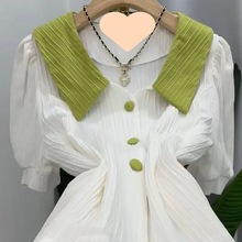 韩系泡泡袖设计感小众撞色衬衣夏季新款娃娃领小清新洋气短袖上衣