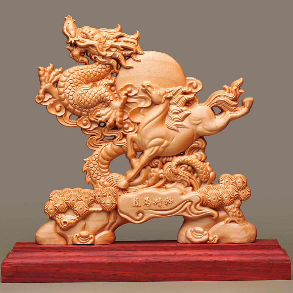 崖柏清漆黄杨木龙马精神客厅办公室茶室中国风木雕装饰品厂家批发