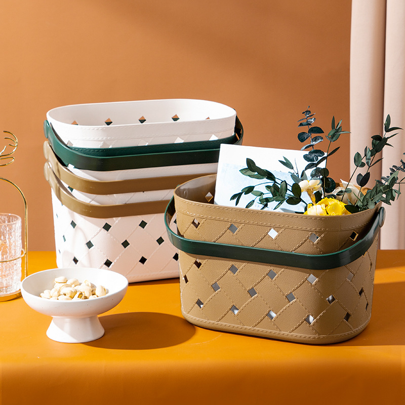 M57 Bathroom Bath Basket Fashion Simple Hollow Storage Basket Cosmetics Storage Basket Imitation Leather Pattern Basket Wholesale