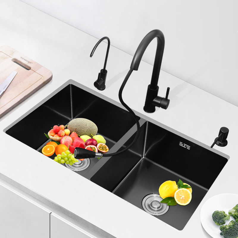 Black Nano Kitchen Vegetable Basin Drop-in Sink 304 Stainless Steel Hand Sink Vegetable Washing Sink Large Double Slot Embedded