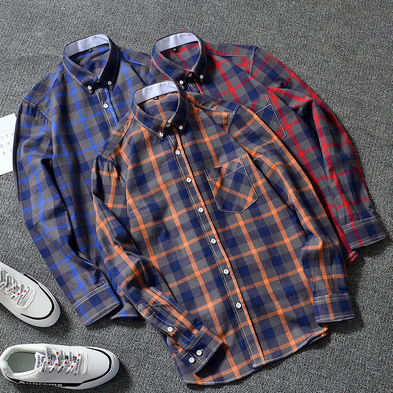 All Cotton Brushed Plaid Suitable for Junior High School and College Student Little Brother's School Style Spring and Autumn All-Matching Casual Shirt