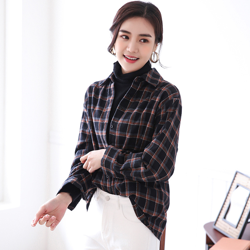 娜璐多2023春季新款纯棉女装长袖格子衬衣女韩版百搭宽松上衣通勤