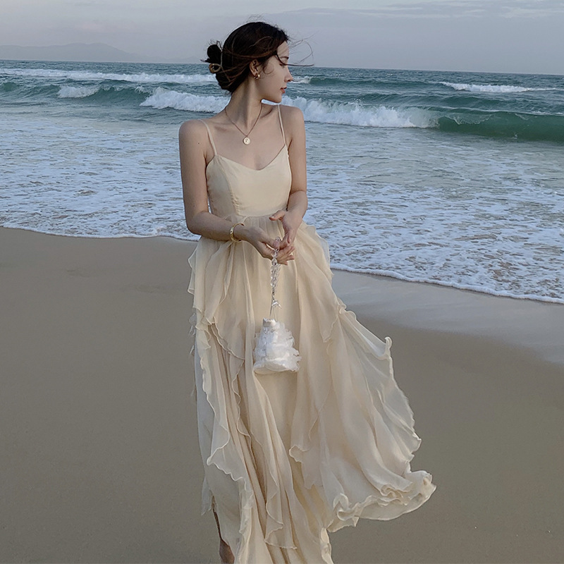 2023 New Internet Celebrity Chiffon Summer Dress Women's Seaside Vacation Skirt Super-Fairy Spaghetti-Strap Bali Beach Dress