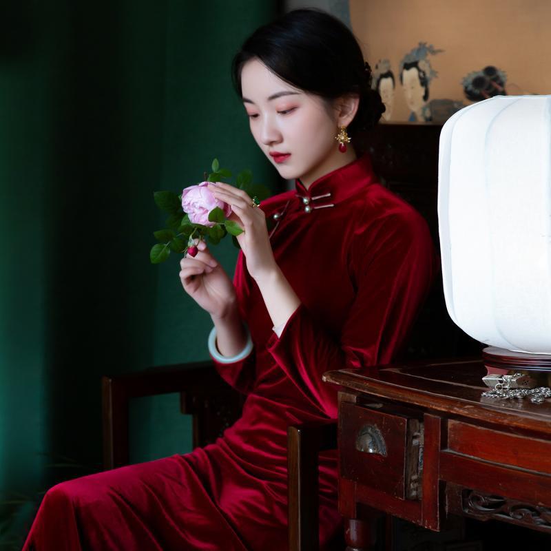 玫瑰有刺丨丨春秋连肩长袖修身古法旗袍民国风复古连衣裙
