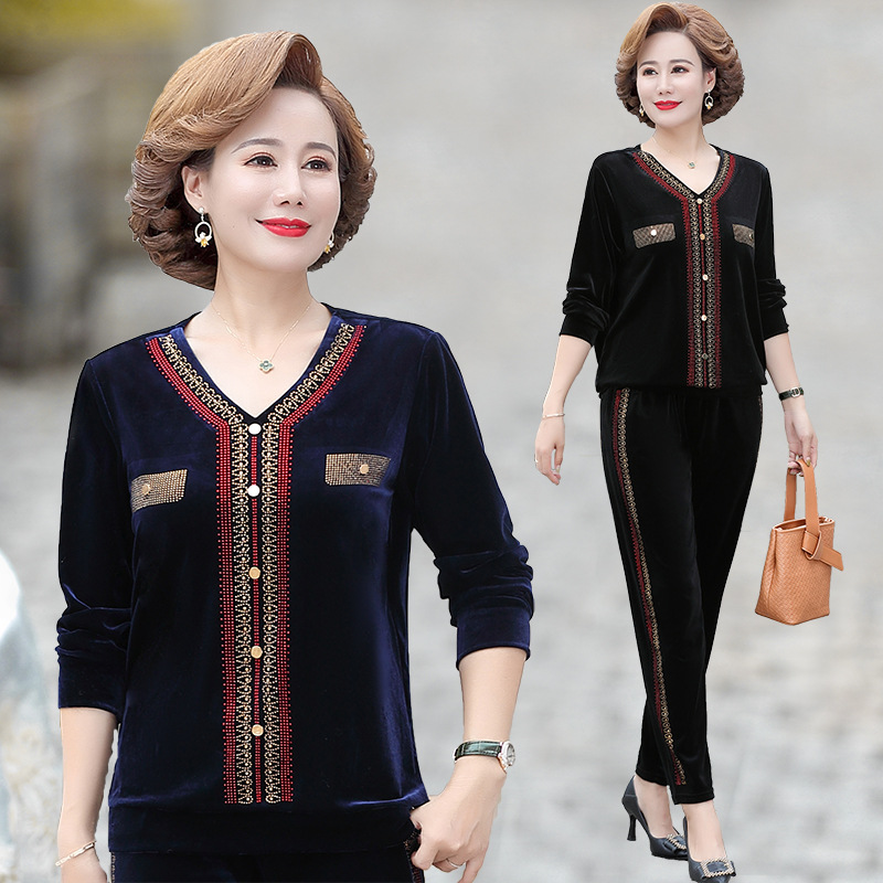 Mom Autumn Clothes Gold Velvet Sportswear Suit New Middle-Aged and Elderly Women‘s Clothing Spring and Autumn Western Style Top Casual Two-Piece Suit