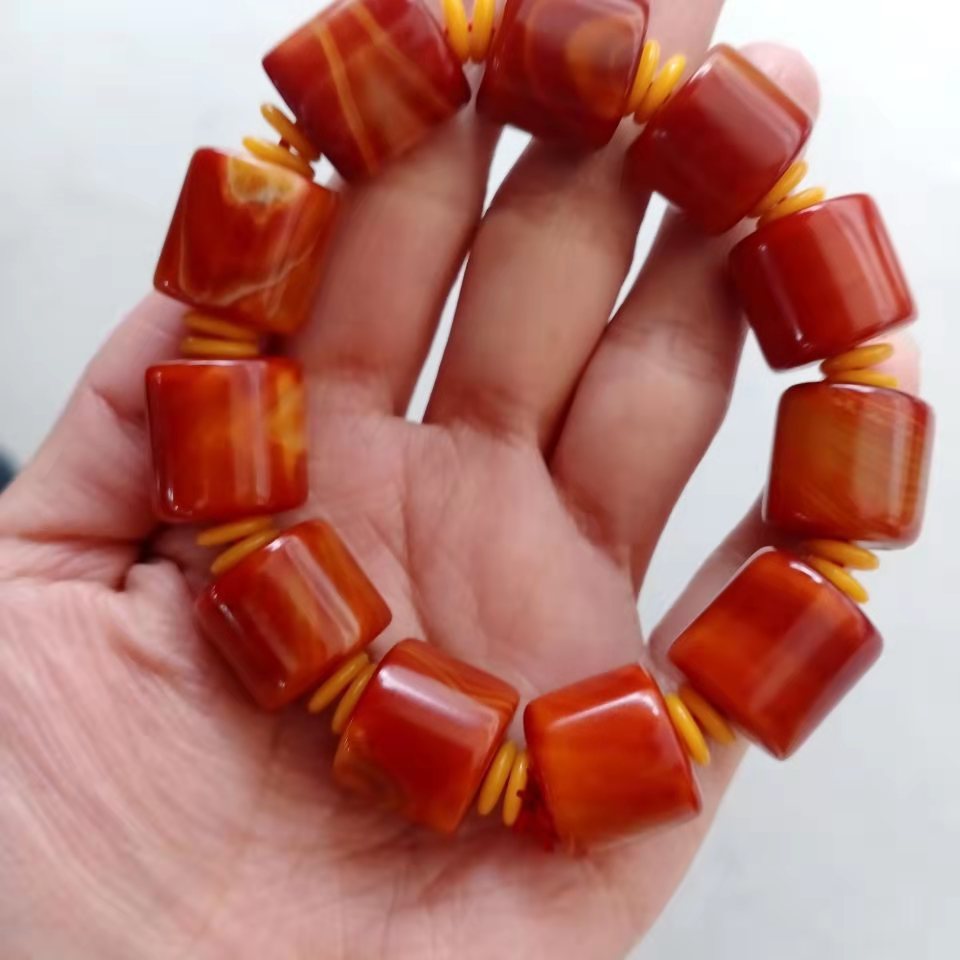 战国红手链缠丝玛瑙桶珠手串男士原石手链波纹鼓珠宣化战国红手串