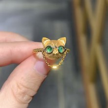 铜材质镶嵌猫咪戒指 个性精致可爱眼睛猫头鹰链条尾戒指环批发