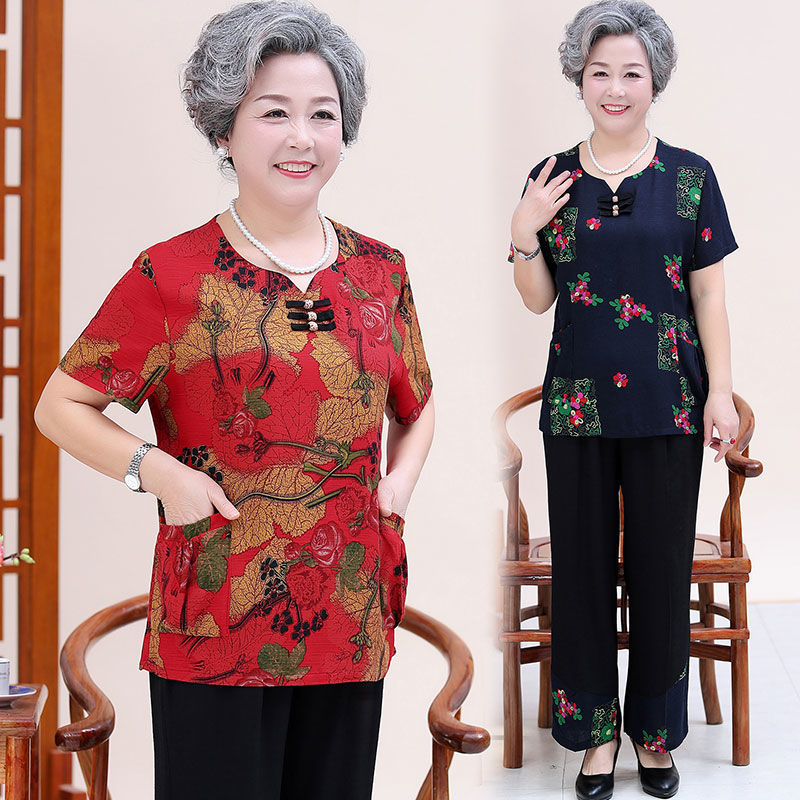 老年人妈妈夏装套装女60岁70中老年老太太奶奶装短袖上衣老人衣服