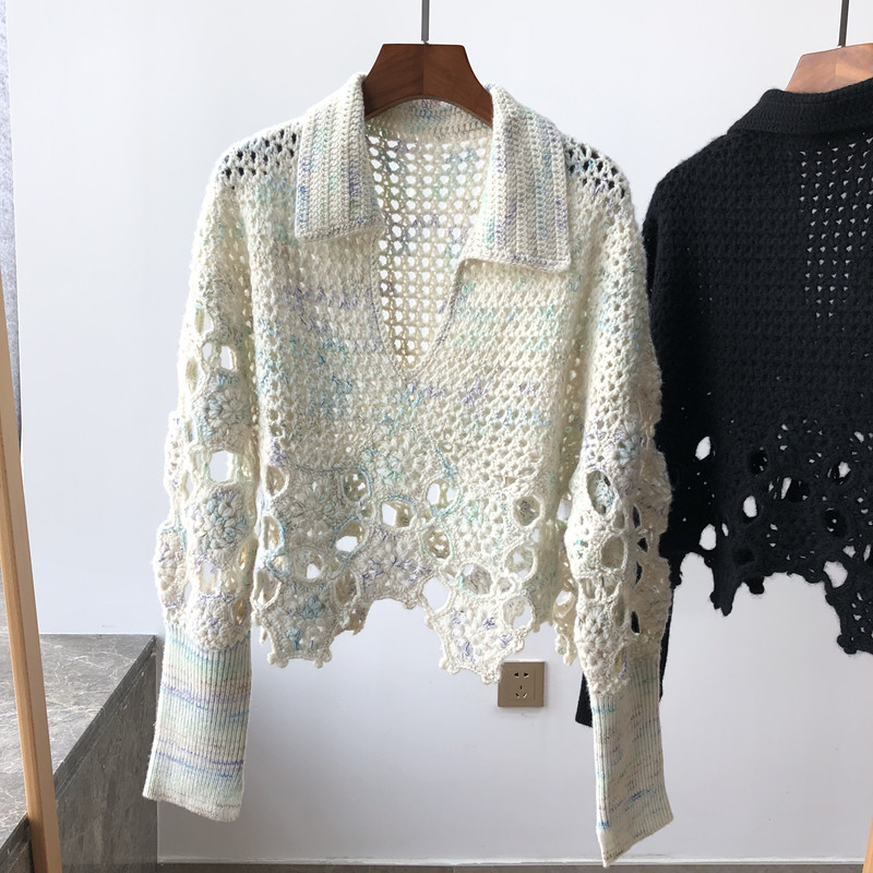 2021秋冬山羊绒勾花镂空翻领点子花纱粗棒针毛衣重磅手工编织上衣