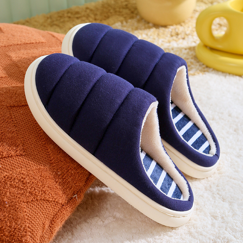 酷趣纯色情侣棉拖鞋男2021冬新款女士条纹居家保暖棉拖鞋月子鞋女
