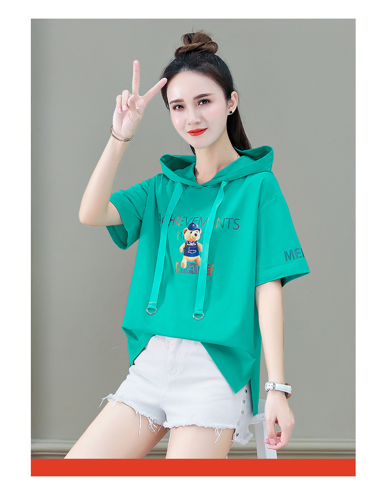 短袖t恤女连帽衫宽松上衣套头洋气减龄带帽卫衣2022夏季新款女装