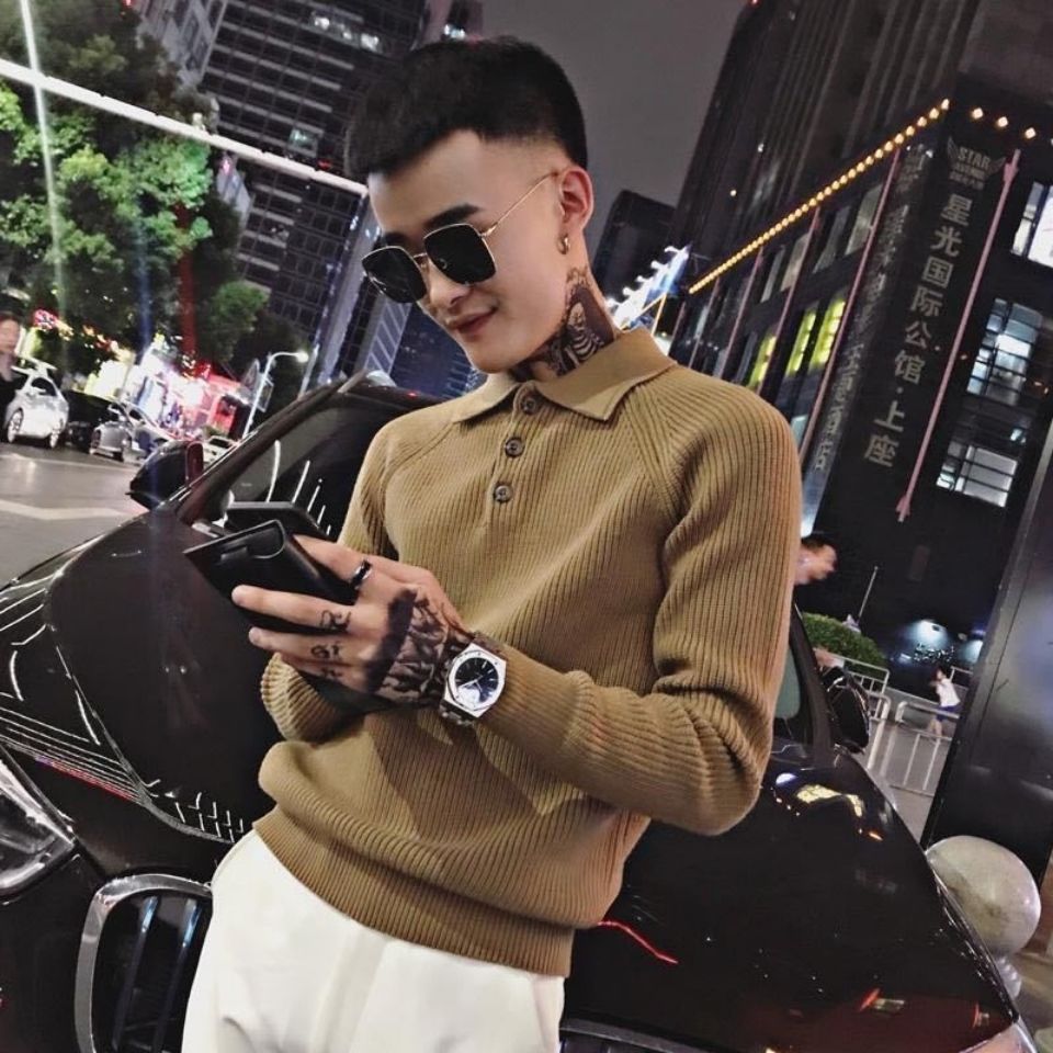 秋季社会人精神小伙衣服男外套假两件毛衣男翻领打底衫针织衫线衣