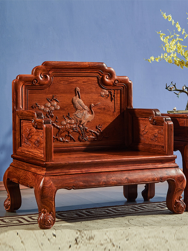 红木沙发刺猬紫檀花梨木家具实木新中式檀雕松鹤延年沙发椅客厅