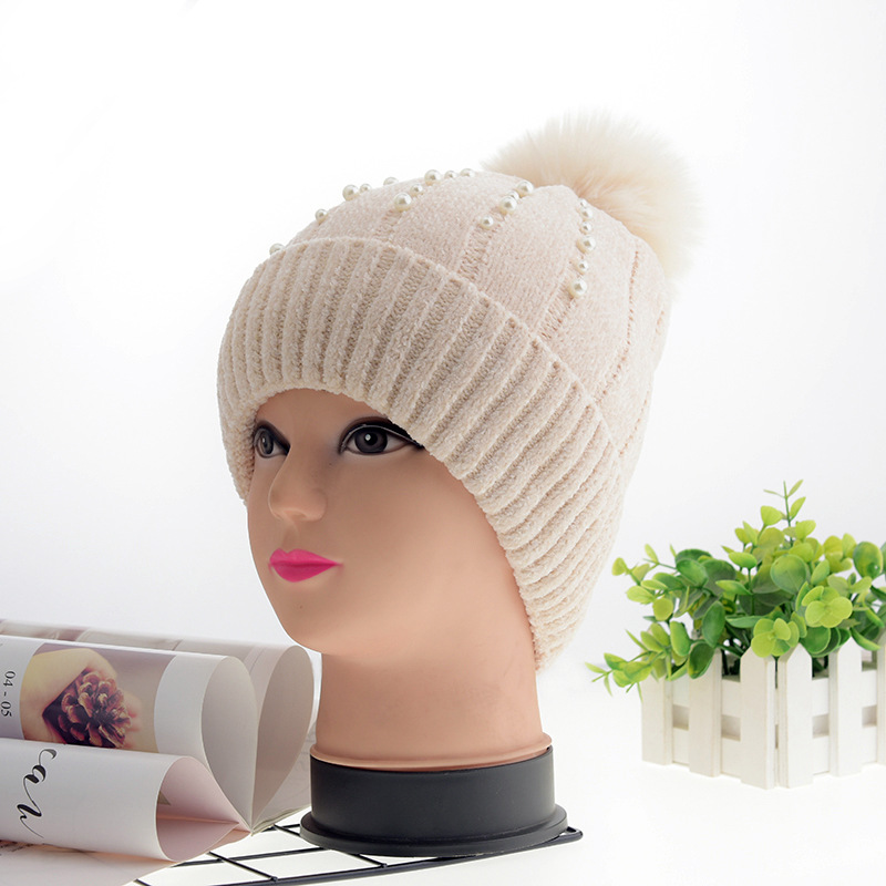 Hat Female Autumn and Winter Korean Style Versatile Student Wool Hat Fashion Pearl Sleeve Cap Thickened Warm Knitted Hat