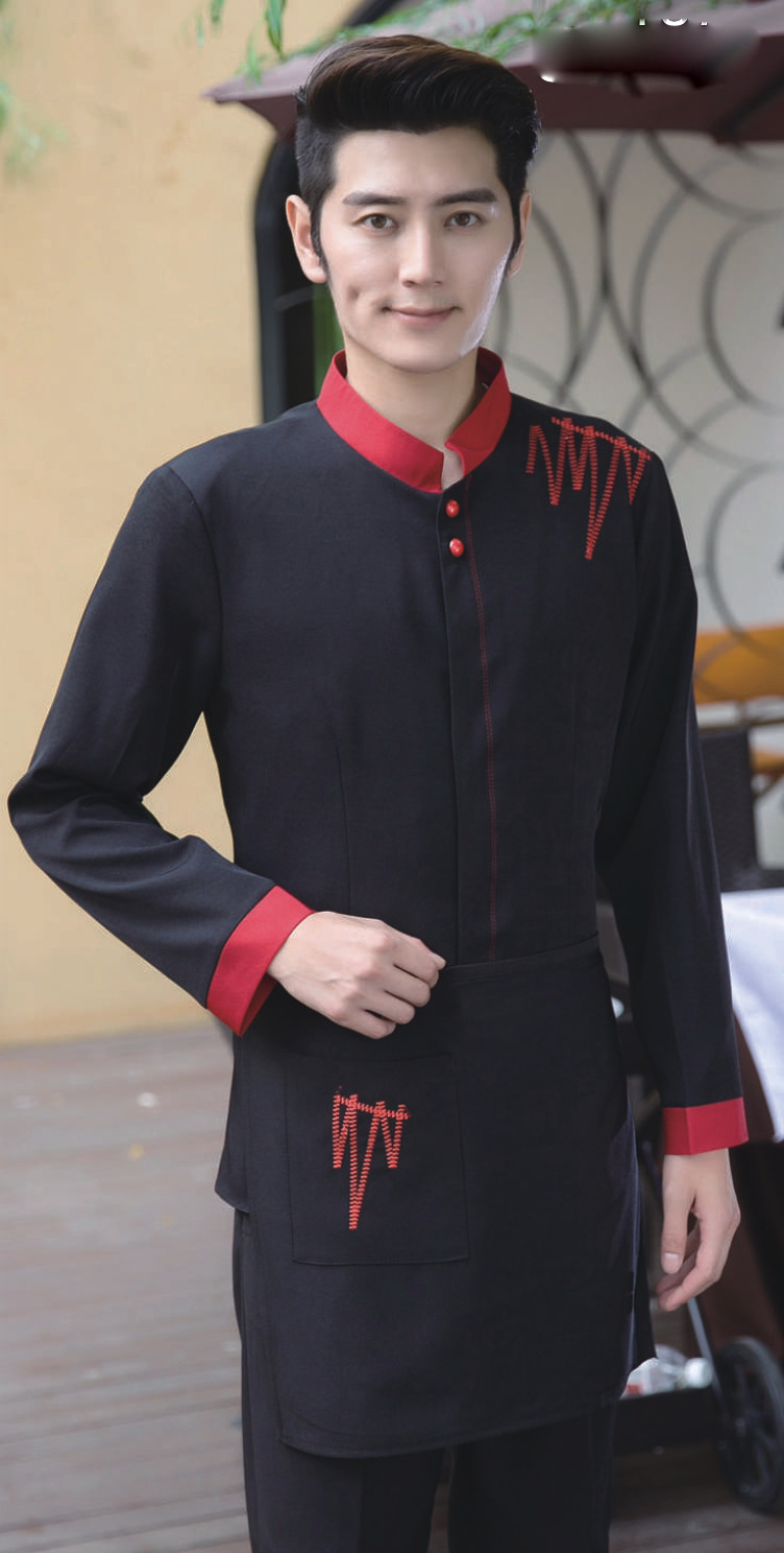 黑色中餐厅服务员工作服 火锅店员工楼面服长袖秋冬送围裙 可绣字