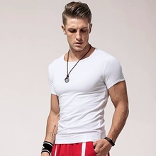 短袖T恤男圆领纯色黑白体恤弹力修身紧身男士打底衫运动半袖上衣