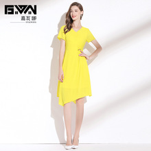 裙子2023年新款夏天设计感v领短袖气质黄色连衣裙夏雪纺不规则裙