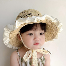 女童遮阳帽子夏季洋气手工编织法式草帽女宝宝外出大檐婴儿防晒帽