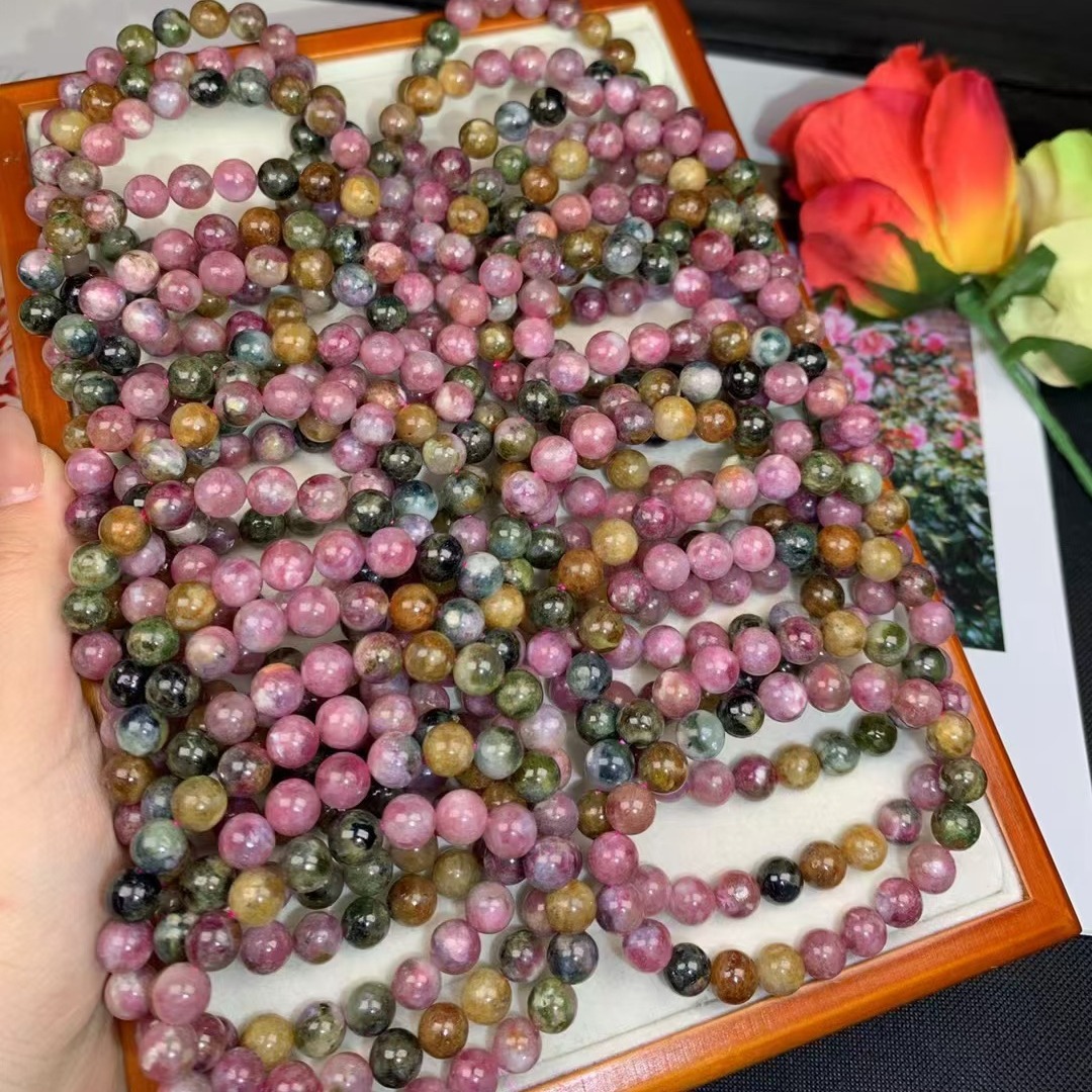 天然碧玺圆珠单圈手链 彩碧玺手串 diy必备品 直播间必备 电气石