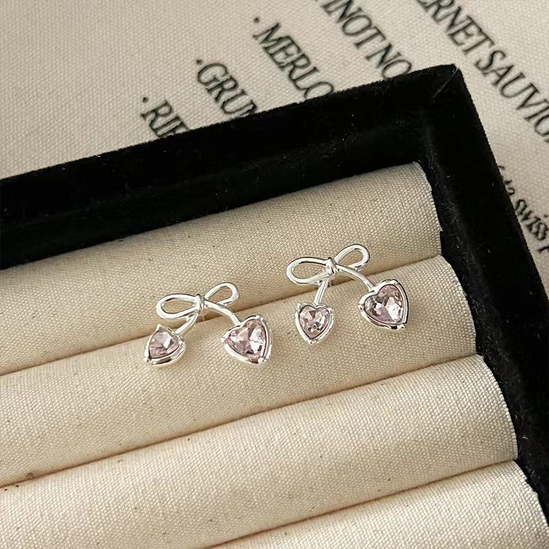 2024 New Pink Heart-Shaped Zircon Bow Stud Earrings Women's Light Luxury High Class Elegant All-Match Niche Design Earrings