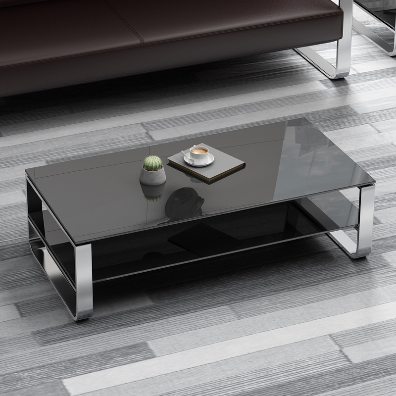 办公室简约现代茶几电镀色长方形双层钢化玻璃茶几黑色小茶几