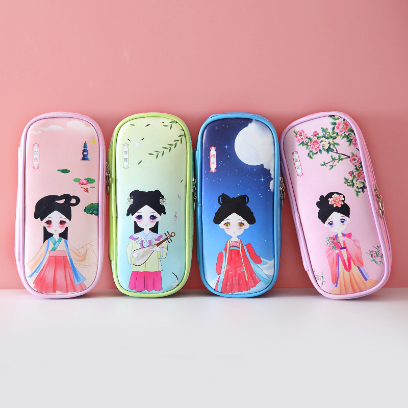 Antique Beauty Series Pu Pen Bag Chinese Style Multi-Functional Large Capacity Waterproof Pencil Box Zipper Stationery Box